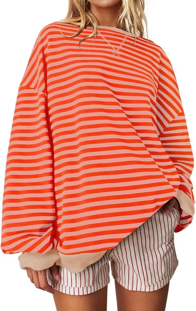 UEU Women Oversized Striped Crewneck Sweatshirt Long Sleeve Color Block Pullover Tops Casual Loos... | Amazon (US)