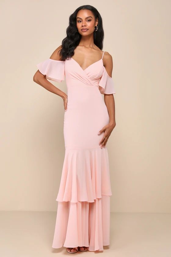 Brilliant Perfection Blush Pink Cold-Shoulder Tiered Maxi Dress | Lulus