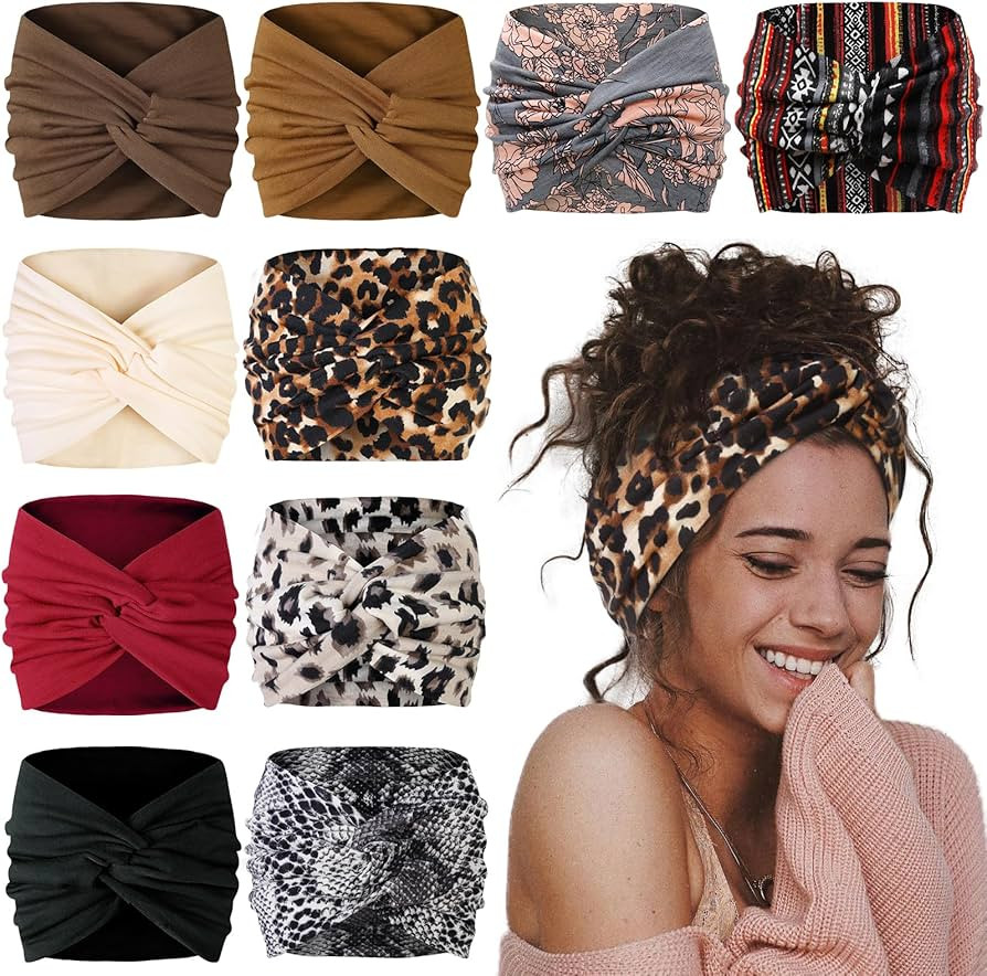 AKTVSHOW 7'' Wide Headbands for Women, 10 Pack Large Boho Turban Headband Fashion Non Slip Hairba... | Amazon (US)