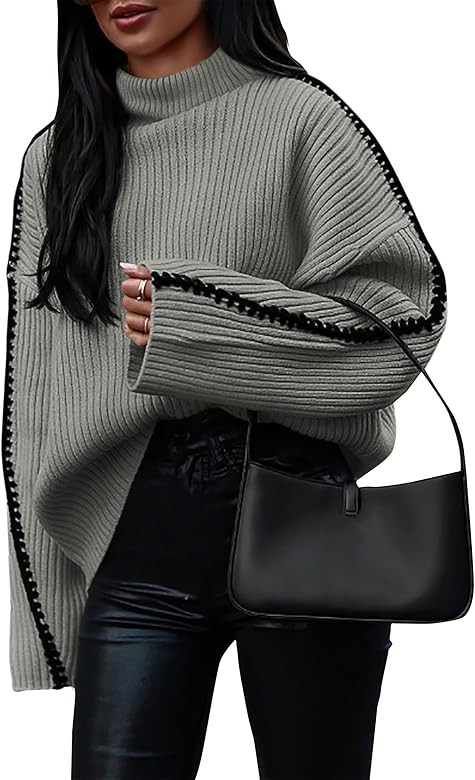 KIRUNDO Women's 2024 Fall Mock Neck Long Sleeve Ribbed Knit Contrast Stitching Oversized Chunky S... | Amazon (US)
