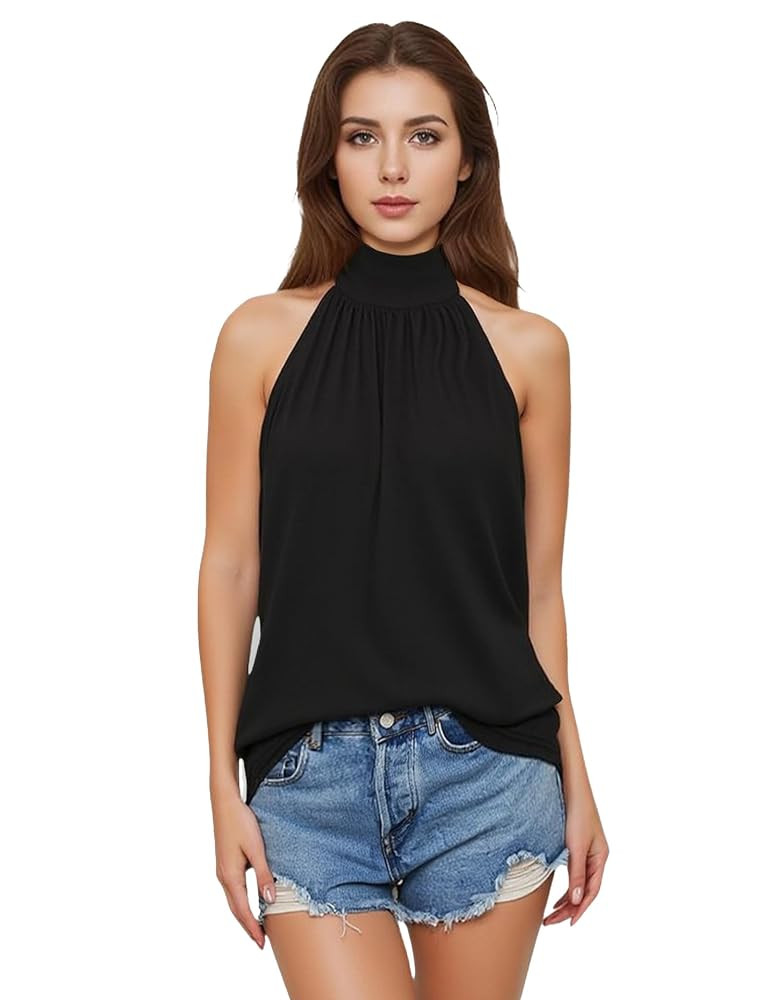 Womens Summer Sleeveless Mock Neck Halter Tank Tops Tie Back Pleated Casual Keyhole Cami Blouse | Amazon (US)