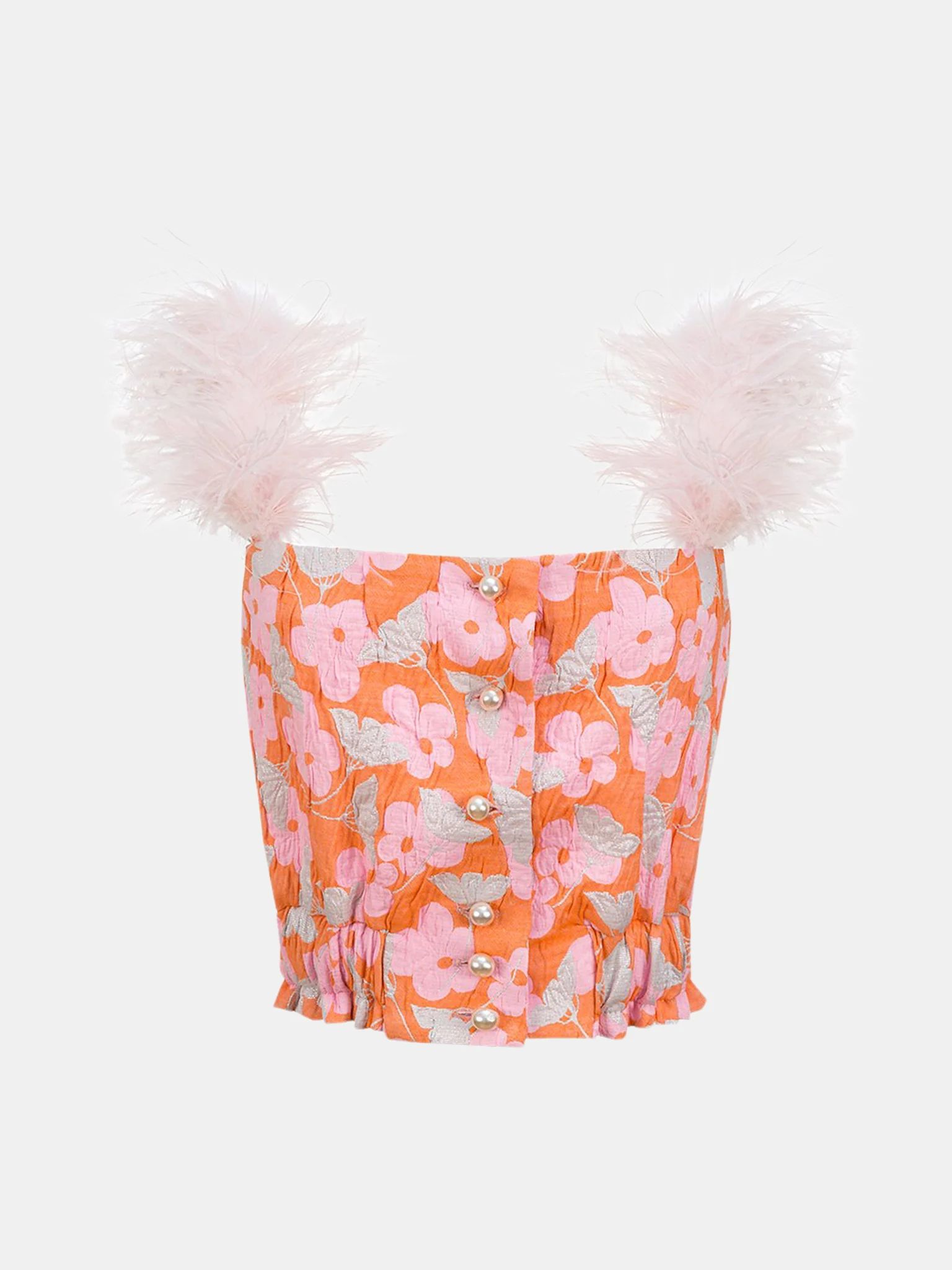 Pink flower top with feather details and pearl buttons | Verishop