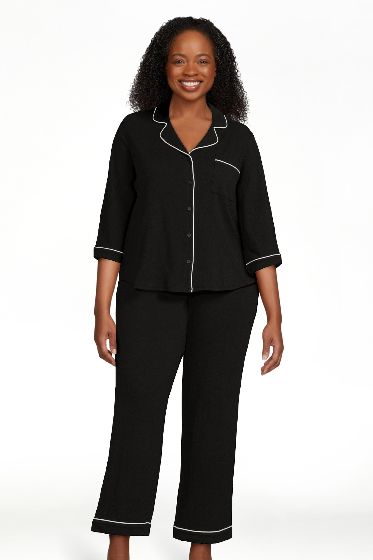 Joyspun Women’s Cotton Blend Notch Collar Top and Pants Pajama Set, 2-Piece, Sizes S-4X | Walmart (US)