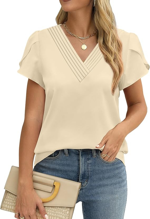 Fayenne Womens Tops Dressy Casual V Neck Ruffle Short Sleeve Blouse Business Casual Tops Chiffon ... | Amazon (US)