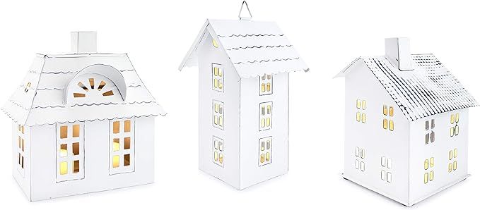 AuldHome Farmhouse Decor Tin Houses (Set of 3, White); Candle Lantern Decorative Holiday Christma... | Amazon (US)