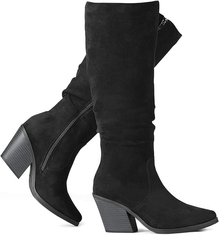 Putu Women's Pointed Toe Knee High Boots Faux Suede Stacked Chunky Heel Boots Side Zipper Slouchy... | Amazon (US)