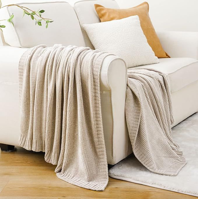 BATTILO HOME Chenille Knit Throw Blanket for Couch, Cozy Beige Throw Blanket for Home Decor, Neut... | Amazon (US)