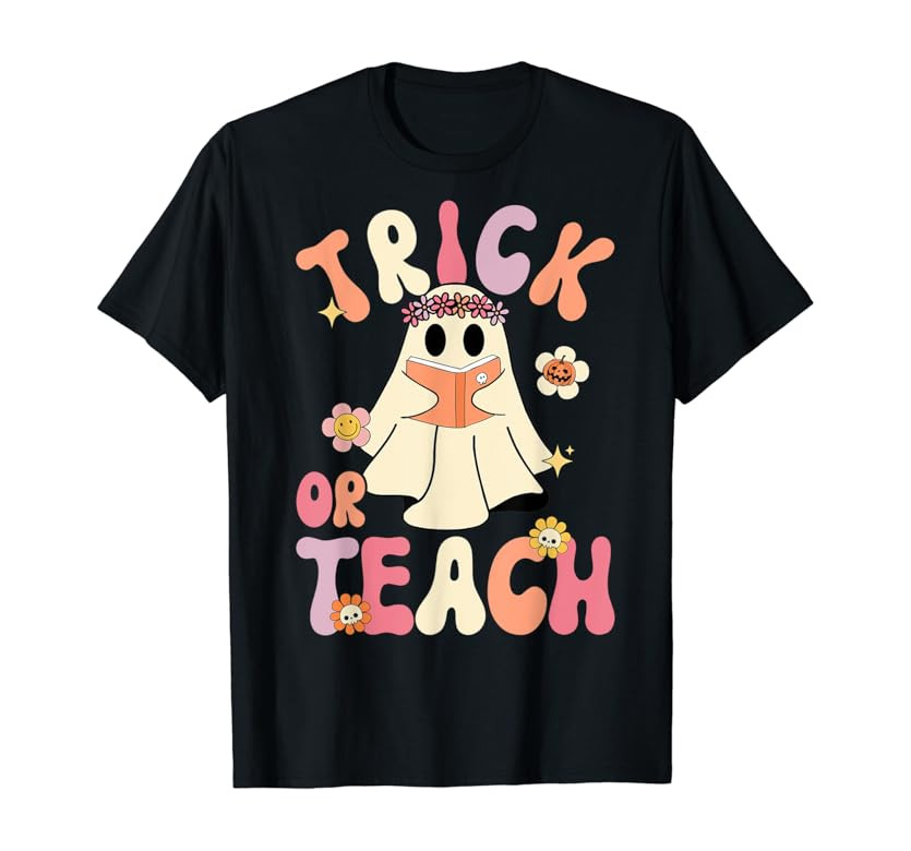 Groovy Halloween Trick or Teach Retro Floral Ghost Teacher T-Shirt | Amazon (US)