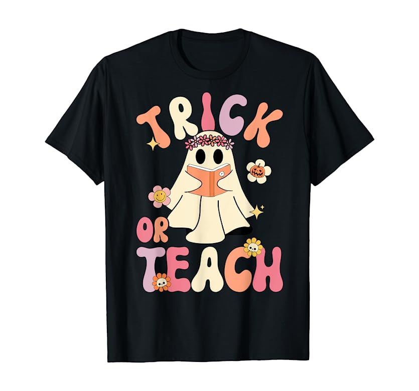 Groovy Halloween Trick or Teach Retro Floral Ghost Teacher T-Shirt | Amazon (US)