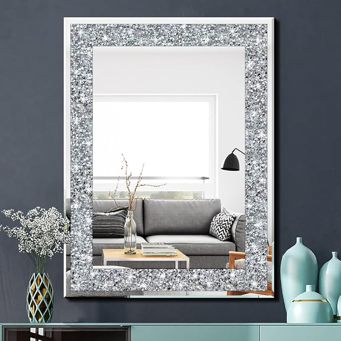 Crystal Crush Diamond Rectangle Silver Mirror for Wall Decoration 24x32inch Wall Hang Frameless M... | Amazon (US)