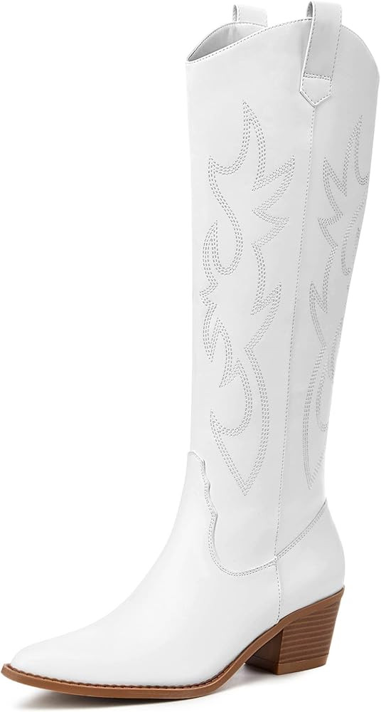 Athlefit Women's Western Embroidered Cowboy Boots Pointed Toe Chunky Heel Pull On Knee High Boots | Amazon (US)