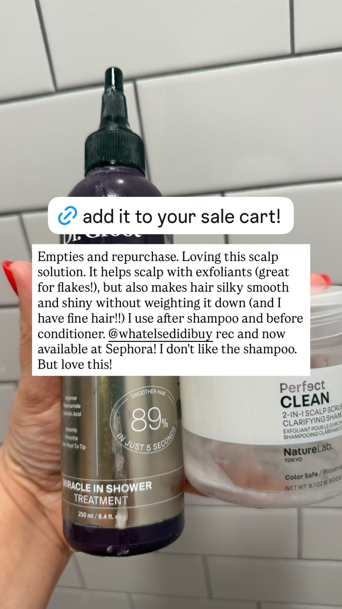 Empties and repurchase. Loving this scalp solution. It helps scalp with exfoliants (great for flakes!), but also makes hair silky smooth and shiny without weighting it down (and I have fine hair!!) I use after shampoo and before conditioner. @whatelsedidibuy rec and now available at Sephora! I don't like the shampoo. But love this!

#LTKselfcare #LTKBeauty #LTKSaleAlert