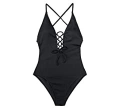 CUPSHE Women's Solid Color V Neck Lace Up One Piece Swimsuit | Amazon (US)