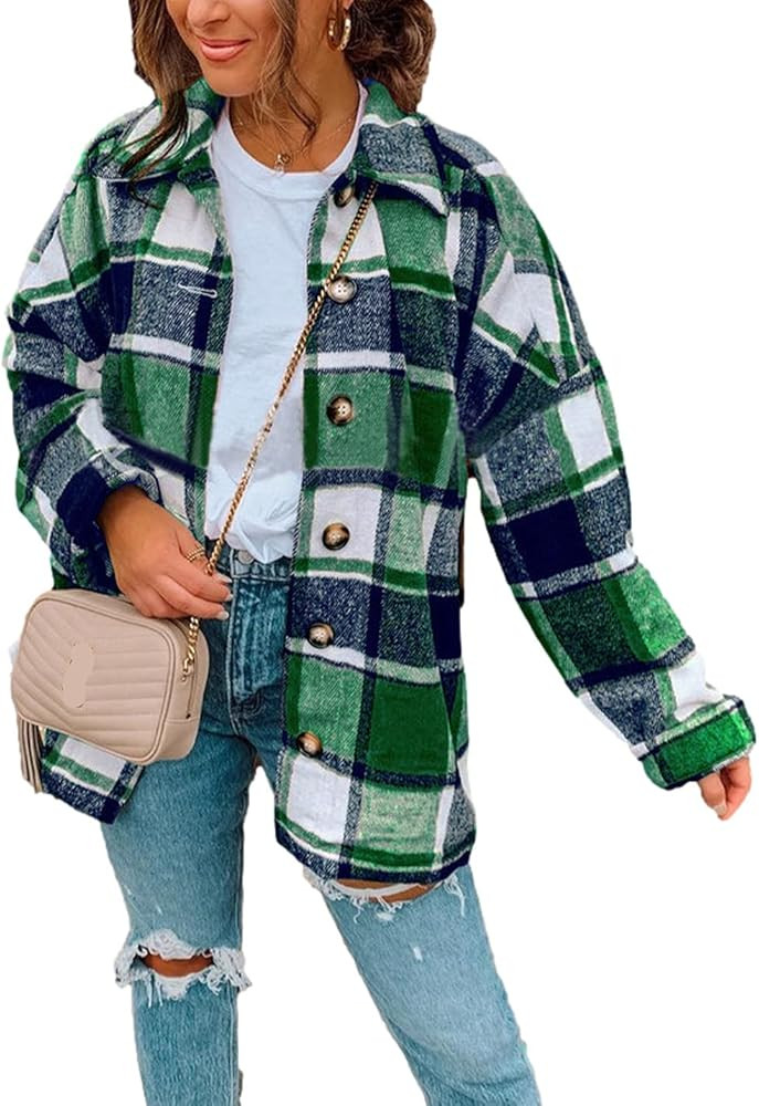 Peaceglad Women's Lounge Lapel Button Up Long Sleeve Plaid Long Shirt Jacket Shacket | Amazon (US)