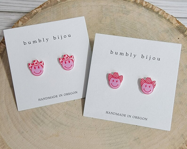 COWGIRL SMILEY Earrings (1 pair) / Hypoallergenic Titanium Posts / Preppy Cowgirl Pink Smiley Kid... | Etsy (US)