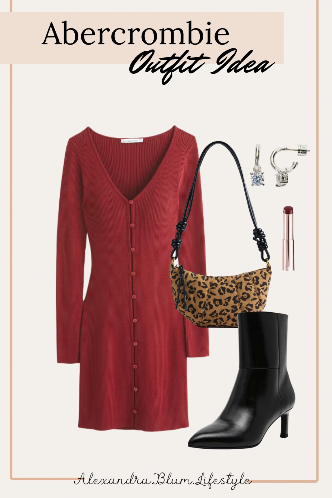 Abercrombie outfit idea! Winter outfit! Winter date night outfit! Church outfit! Thanksgiving outfit! Red button up Sweater dress, cheetah crescent handbag, black stiletto heel boots, silver earrings, and Amazon makeup! Sweater dress outfit! Holiday party outfit! Christmas outfit! 

#LTKItBag #LTKFindsUnder100 #LTKShoeCrush