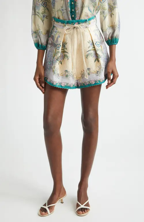 Zimmermann Indra Tuck Linen Shorts in Cream Scarf Floral at Nordstrom, Size 2 | Nordstrom