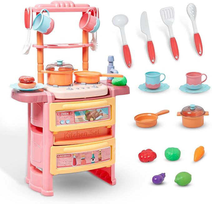 Prextex Plastic Pretend Girls Play Kitchen Set - Multi-Color Kitchen Playset with Dishwasher and ... | Amazon (US)