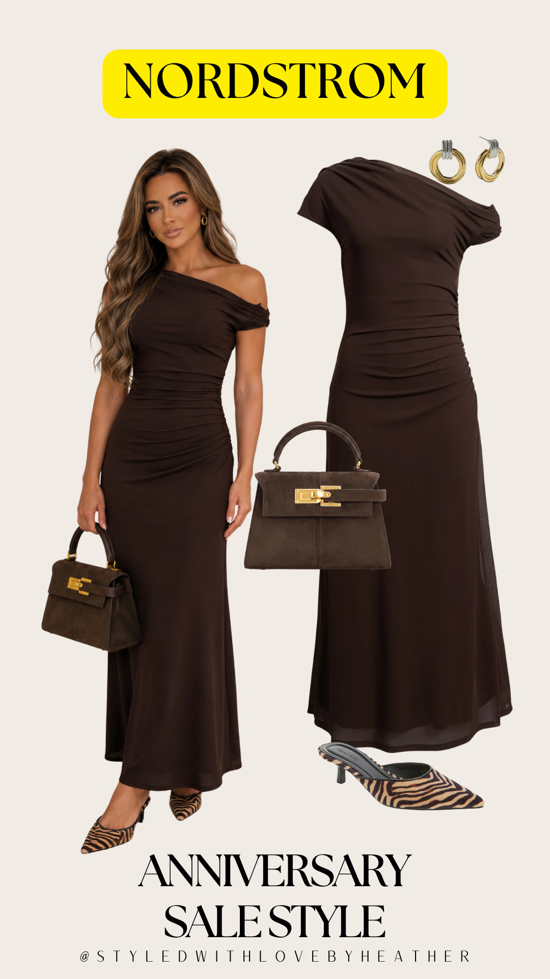An elegant one-shoulder chocolate dress styled with zebra-print mules and gold accessories makes the perfect statement for date nights, weddings, and special occasions. One of my favorite sophisticated looks from the Nordstrom Anniversary Sale!

#LTKStyle #LTKFinds #NSale