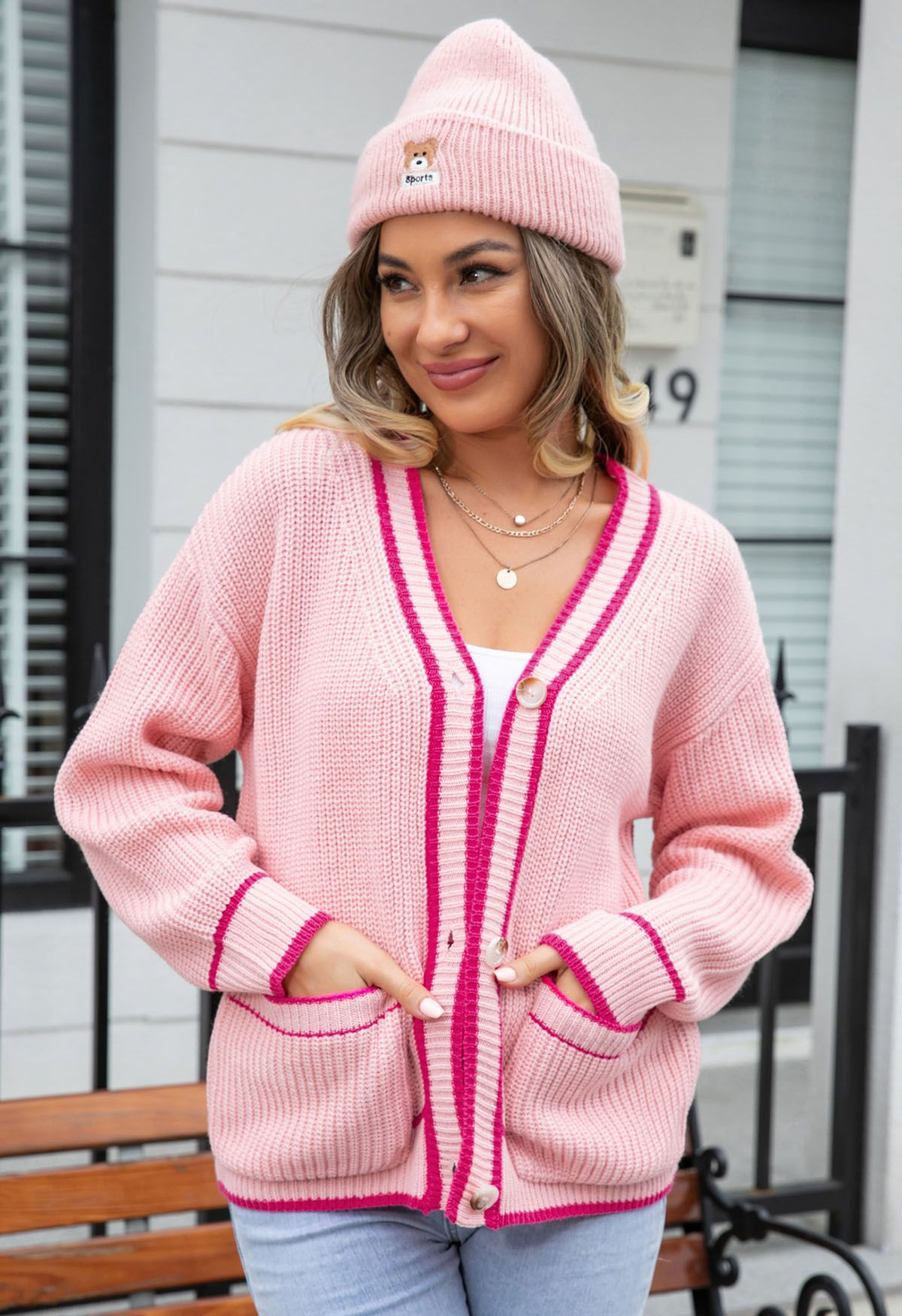 Contrast Line Patch Pocket Waffle Knit Cardigan in Pink | Chicwish