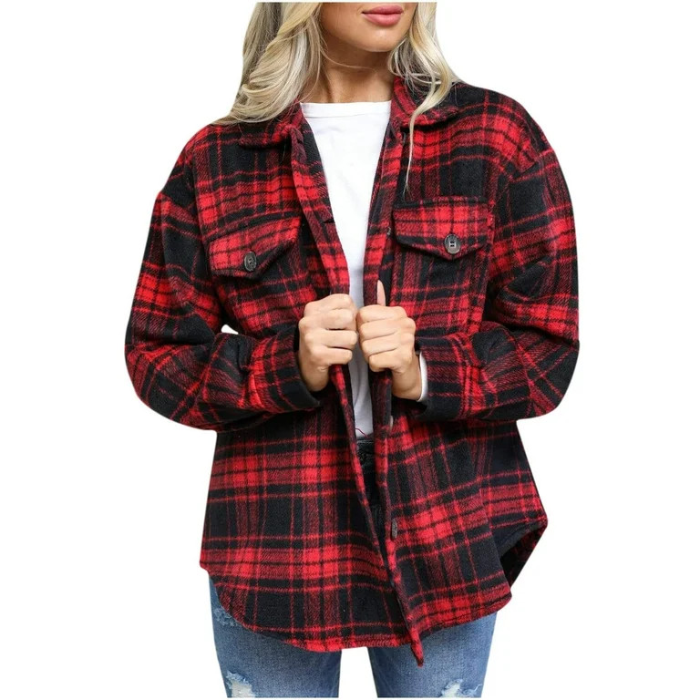 Women's Flannel Shirts Plaid Shacket Jacket Long Sleeve Button Down Lapel Fashion Blouse Coats wi... | Walmart (US)
