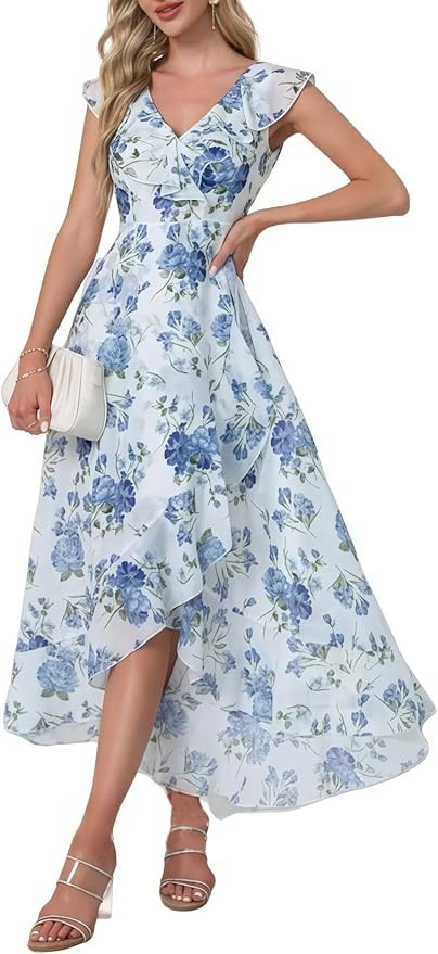 Womens V Neck Floral Print Ruffle Maxi Party Dress A-Line Summer High Low Flowy Wedding Guest Coc... | Amazon (US)