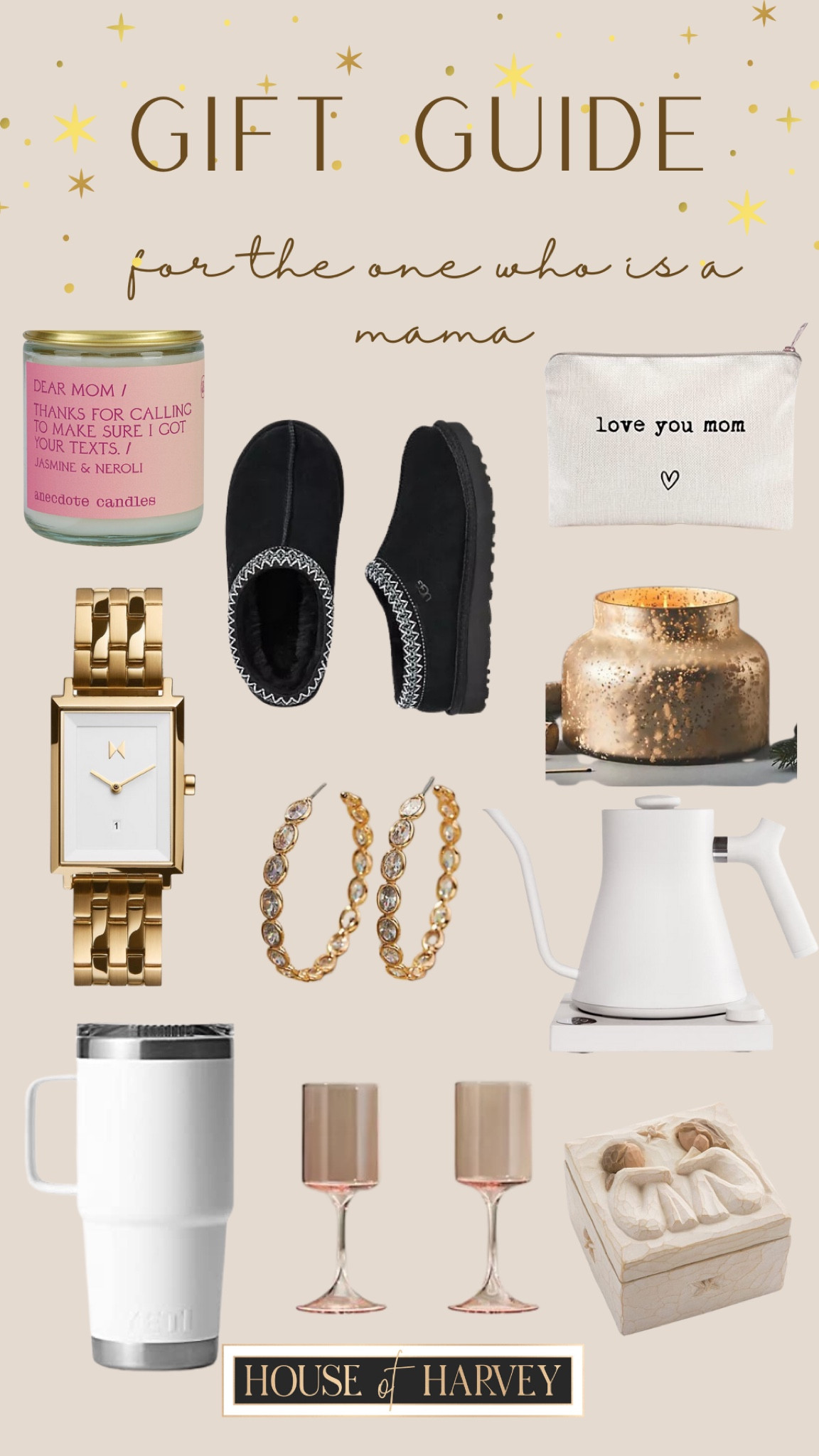 GIFT GUIDE 
for the one who is a mama! 

Holiday style, style tip, holidays, slippers, candle, watch, earrings, mug, kettle, wine glasses 

#LTKHoliday #LTKstyletip #LTKSeasonal