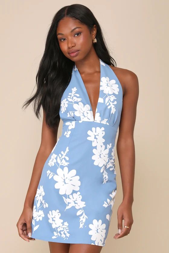 Gorgeous Icon Blue Floral Backless Halter Mini Dress | Lulus