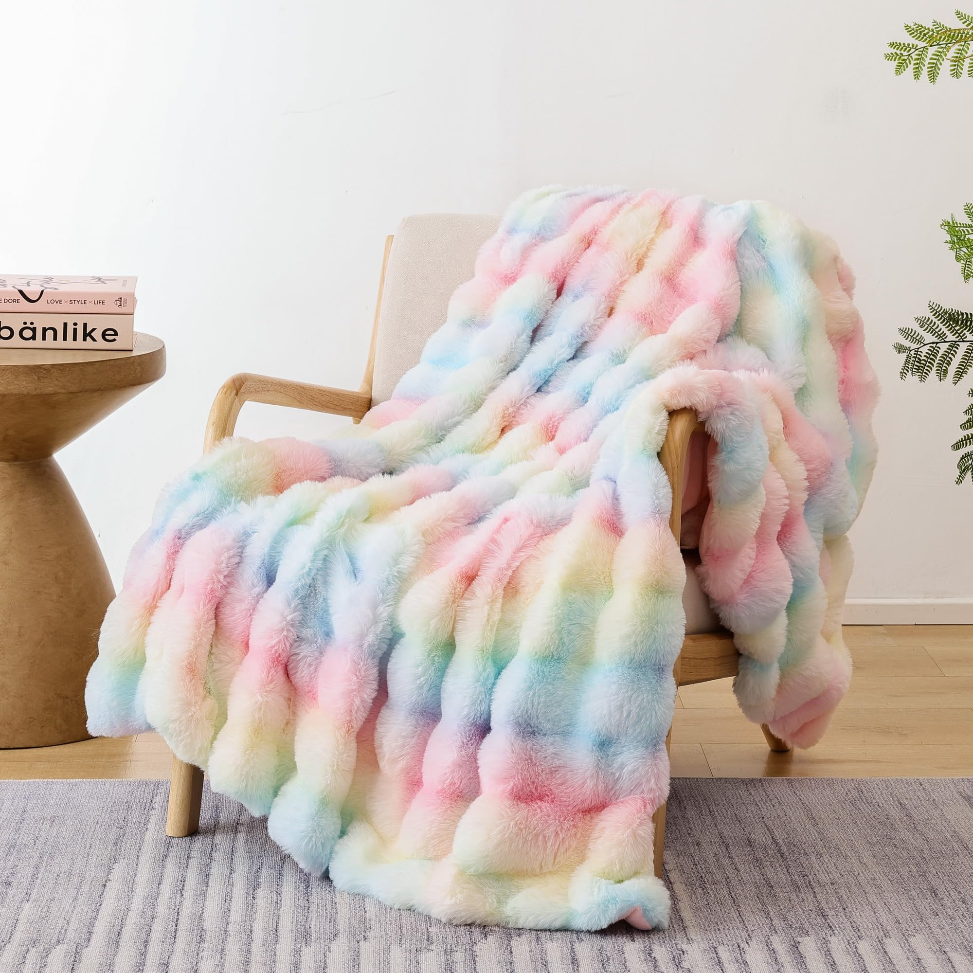 Smoofy Faux Fur Throw Blanket for Couch Rabbit Fleece - Rainbow Fluffy Blanket for Sofa Bedroom L... | Amazon (US)