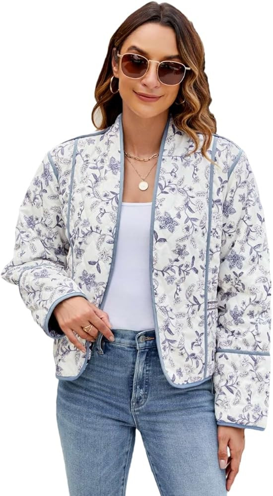 Women's Cropped Floral Quilted Jacket Lightweight Open Front Padded Puffer Coat | Amazon (US)