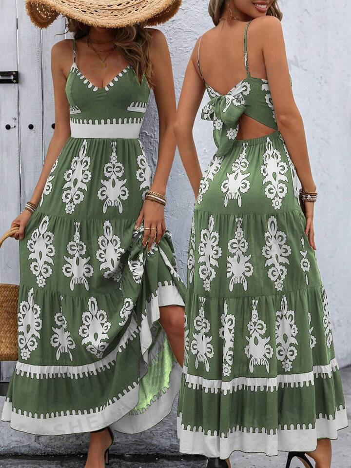 SHEIN VCAY Vintage Printed Spaghetti Strap Dress With Backless Design For Holiday And Leisure | SHEIN