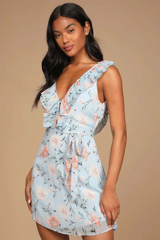 Out for the Day Light Blue Floral Print Pleated Mini Dress | Lulus (US)