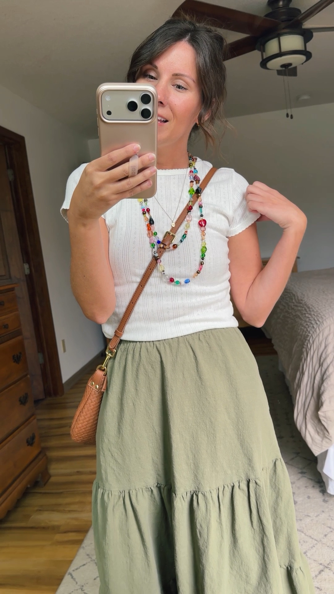 Wearing size small in this cute little white pointelle tee. My maxi skirt is size small in olive green. My sandals are size 6.

I made my beaded necklace, but I’ll link the beads I used to make it and the necklace I got the inspiration from. 

#LTKgrwm #LTKootd #LTKPetite