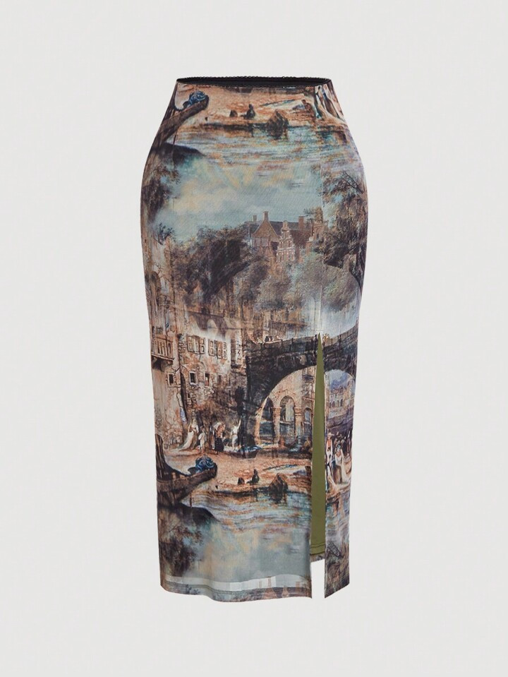SHEIN MOD Plus Size Vintage Oil Painting Print Split Hem Skirt | SHEIN