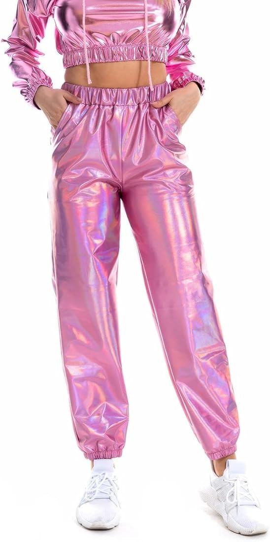 Womens Metallic Shinny Pants, Casual Holographic Jogger Sweatpants Punk Hip Hop Trousers Streetwe... | Amazon (US)