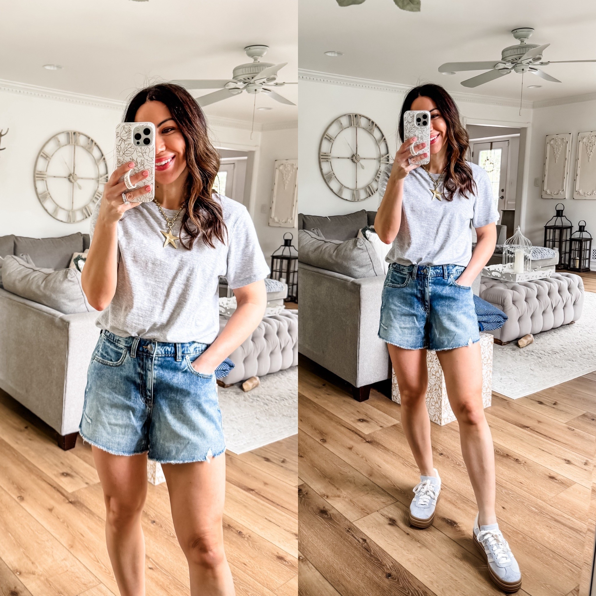 Small denim shorts. Small grey T-shirt. Sneakers size down half.



#LTKSaleAlert #LTKOver40
