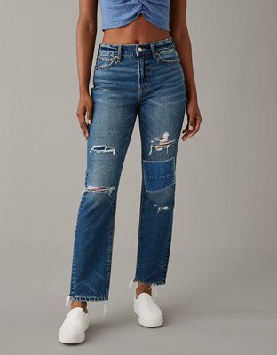 AE Strigid Super High-Waisted Ripped Ankle Straight Jean | American Eagle Outfitters (US & CA)