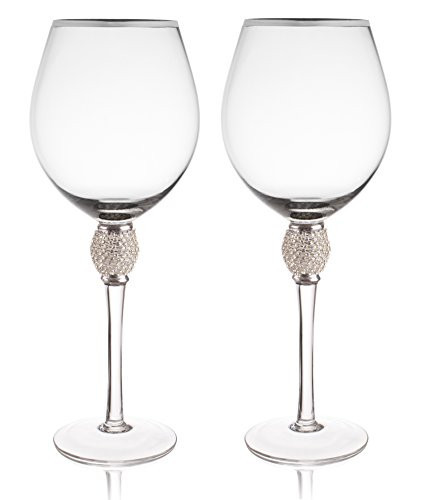 Trinkware Set of 2 Wine Glasses - Rhinestone "DIAMOND" Studded With Silver Rim - Long Stem, 16oz,... | Amazon (US)
