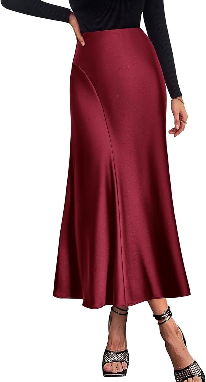KIRUNDO Women's Elegant Long Satin Skirt Dressy Casual High Waisted Silk Flowy A Line Flared Part... | Amazon (US)