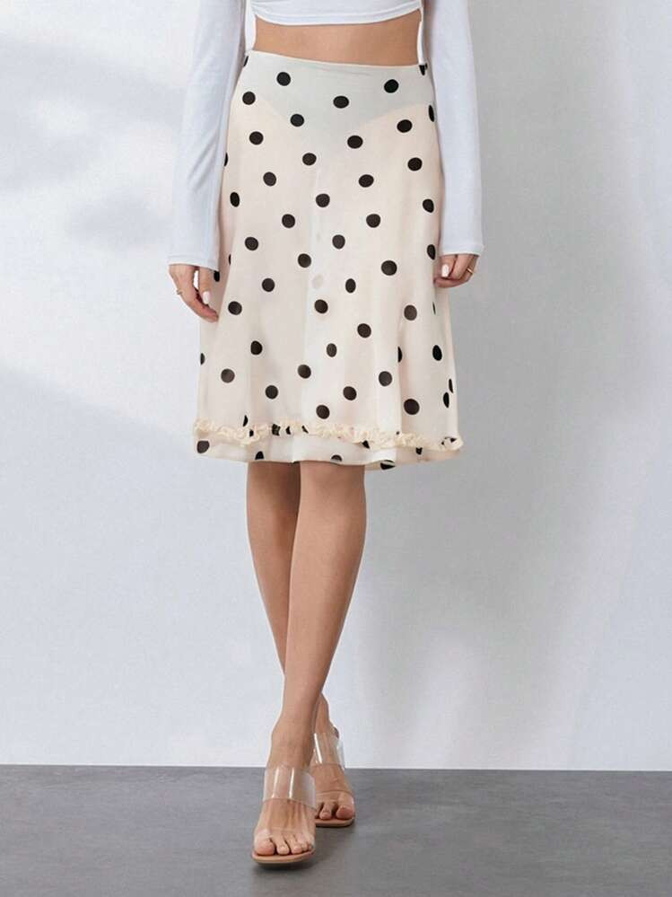 Midi Skirt See Through Low Rise Ruffled Hem Dot Pattern White Black Sheer Skirt | SHEIN