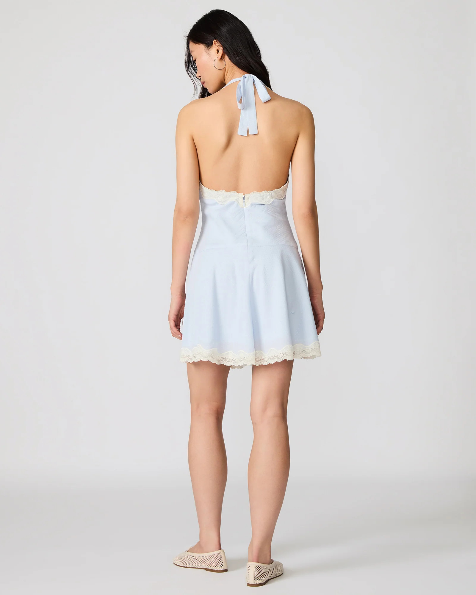 LIZA Blue Ice Halter Textured Lace Trim Women's Mini Dress | Steve Madden (US)