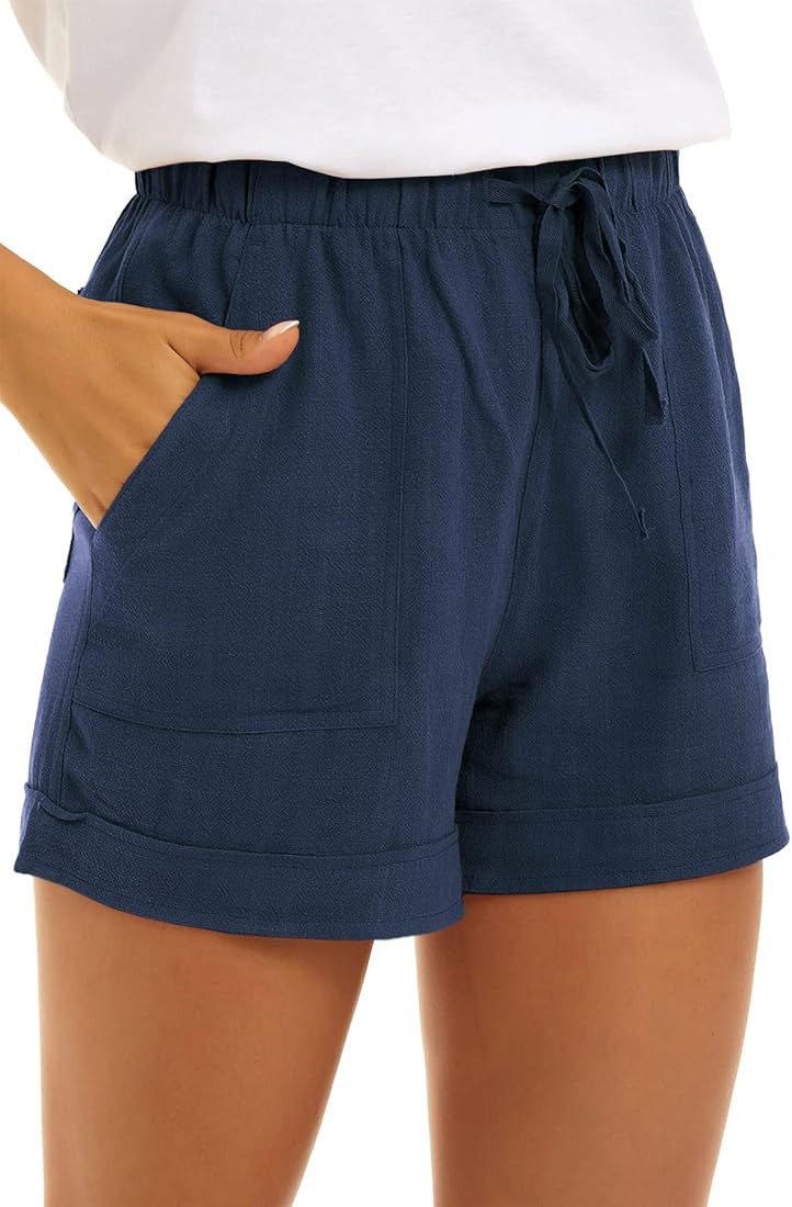 NEYOUQE Womens Cotton Linen Casual Summer Elastic Waist Comfy Shorts with Pocket | Amazon (US)