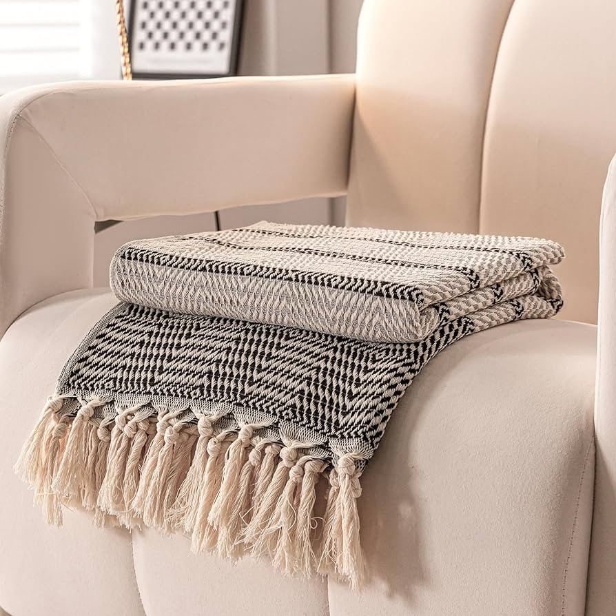 Peshtemania Premium Cotton Boho Throw Blanket |50”x60”| Grey Black and White Throw Blankets f... | Amazon (US)