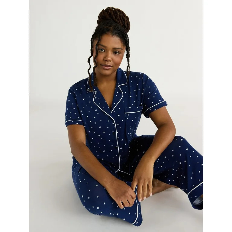 Joyspun Women's Cotton Blend Notch Collar Top and Capri Pants Pajama Set, 2-Piece, Sizes S to 4X | Walmart (US)