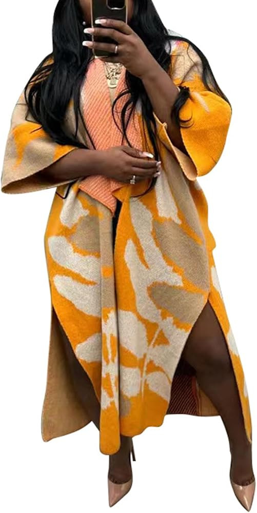 Inroserm Womens Long Cardigan Sweaters Color Block Long Sleeve Open Front Slit Knit Sweater Coat | Amazon (US)