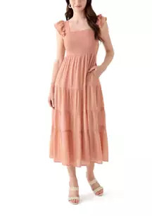 Emma & Michelle Women's Flutter Sleeve Square Neck Smocked Midi Dress | Belk