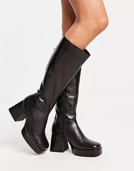 Topshop Holly premium leather platform knee-high boots in black | ASOS (Global)