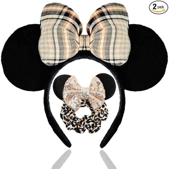 FACHPINT 1PCS 3D Check Brown Mouse Headband, 1PCS Leopard Mouse Ear Scrunchies for Theme Parks Ph... | Amazon (US)