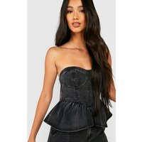 Womens Washed Denim Peplum Hem Corset Top - Black - 0 | boohoo (US & Canada)