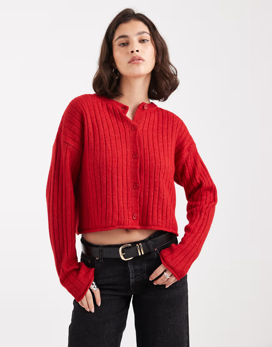 ASOS DESIGN knitted roll trim wide rib cardigan in red-Green | ASOS (Global)